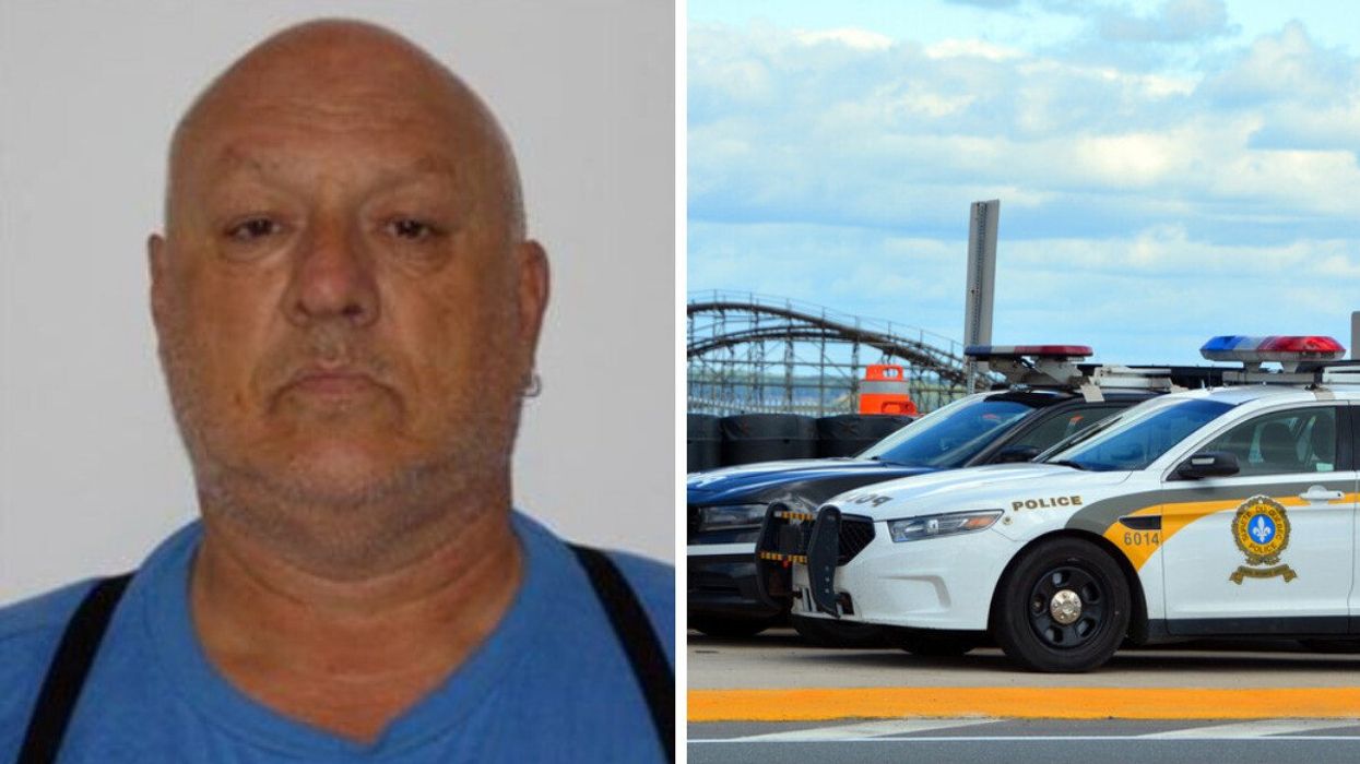 A mugshot of a Quebec criminal. Right: Two Quebec provincial police vehicles on a street.