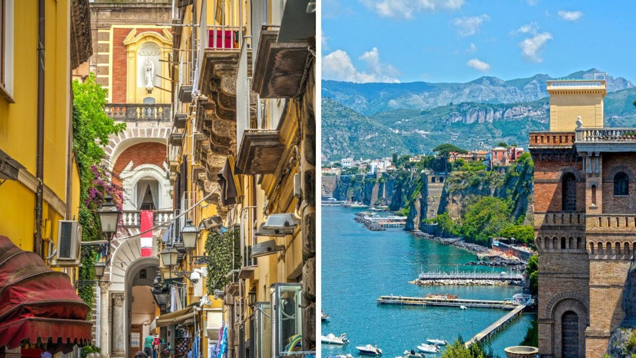 A narrow street in Italy is lined with historic yellow buildings, ornate balconies, and classic street lamps. Right: A coastal view of Sorrento's dramatic cliffs overlooking the sparkling blue sea.