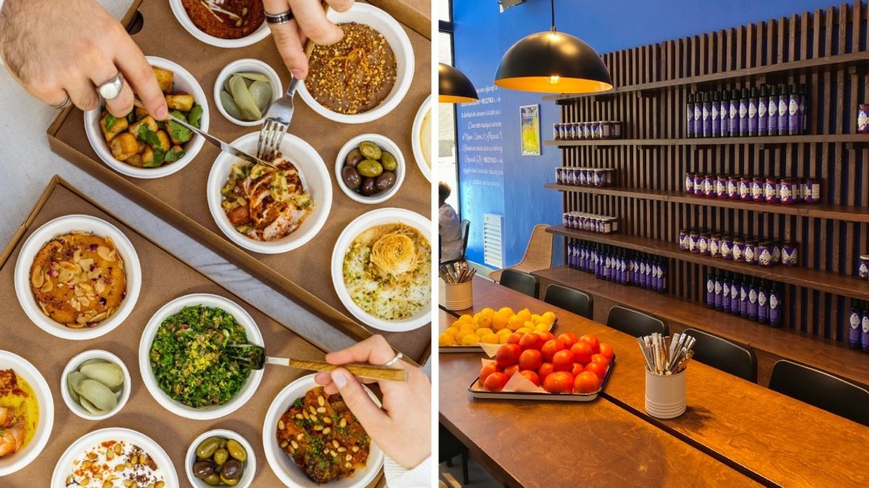 A number of Lebanese mezze dishes served at Mezzmiz in Montreal, Right: The interior of Mezzmiz' second location downtown Montreal.