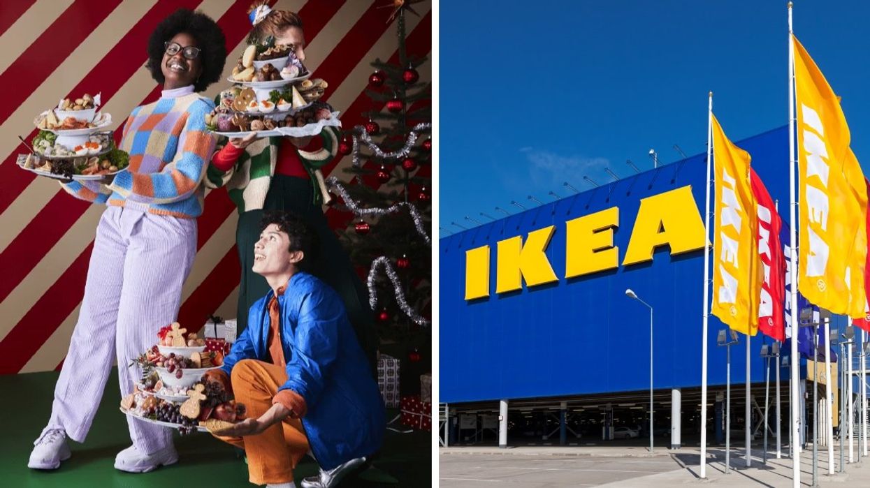 A number of people holding stacks of dishes loaded with Swedish treats from IKEA. Right: The exterior of a IKEA home furnishings store.