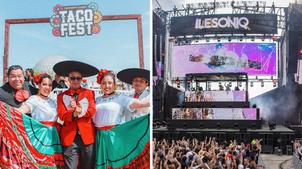A number of Taco Fest animators posing for a photo in Montreal, Right: The îLESONIQ main stage during a DJ set at Parc Jean-Drapeau.