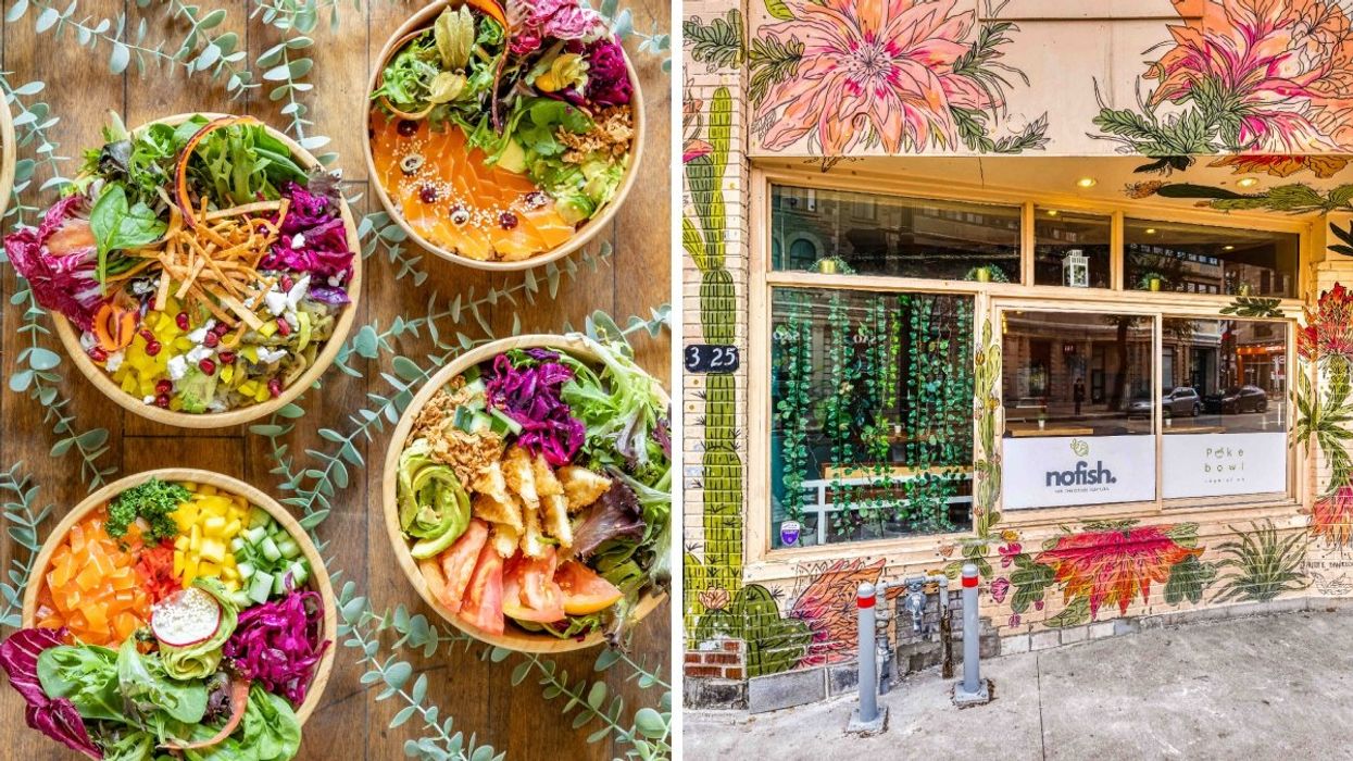 A number of vegan poké bowl from Montreal's newest restaurant; No Fish. Right: The exterior of NoFish in Montreal.
