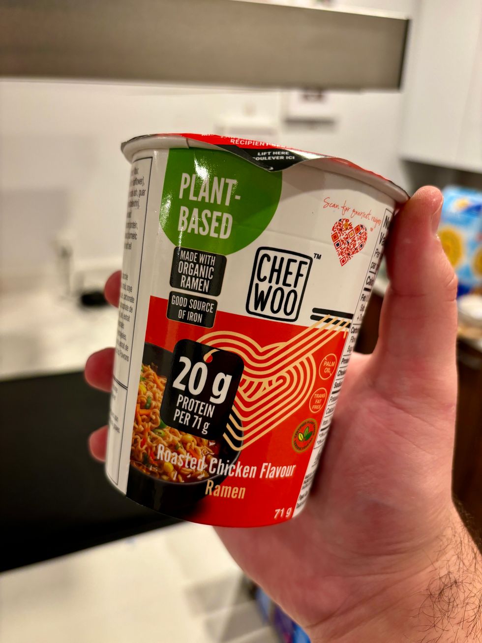 A package of Chef Woo plant-based chicken flavour instant noodles.