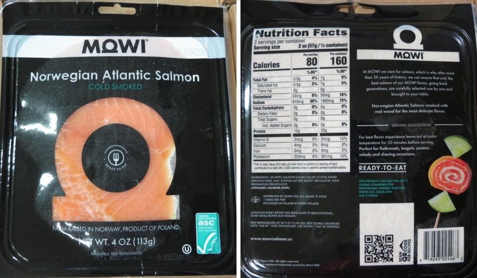 A package of frozen Atlantic salmon stores in the freezer section of a grocery store. Right: The nutritional facts for an Atlantic salmon.