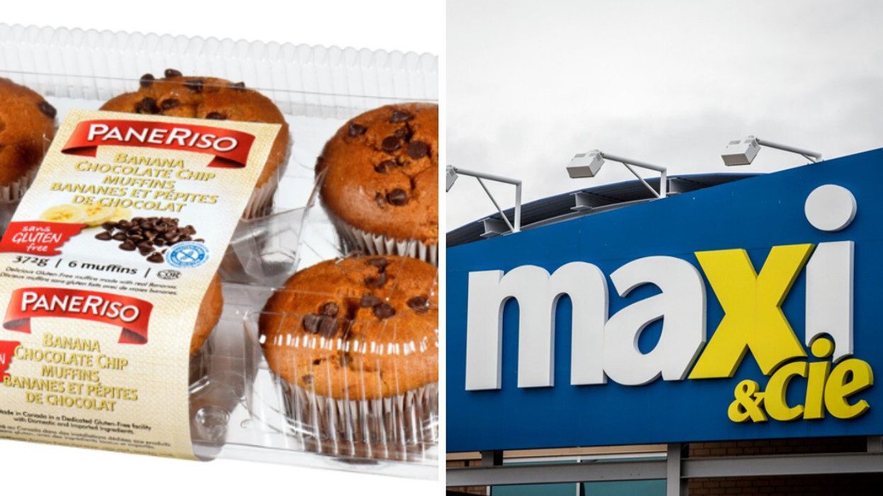 A package of muffins. Right: Entrance of a Maxi & Cie Supermarket with its logo.
