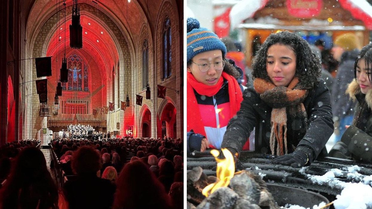 A packed venue for a choir performance at the Montreal Bach Festival. Right: Three people huddle around a fire at Montreal's Grand Christmas Market.