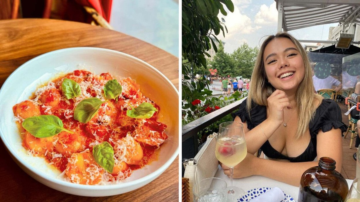 A pasta dish. Right: A person sitting on a patio.