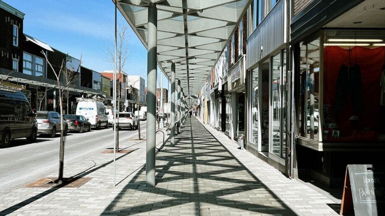 A pedestrian walkway along Saint-Hubert, a Montreal street.