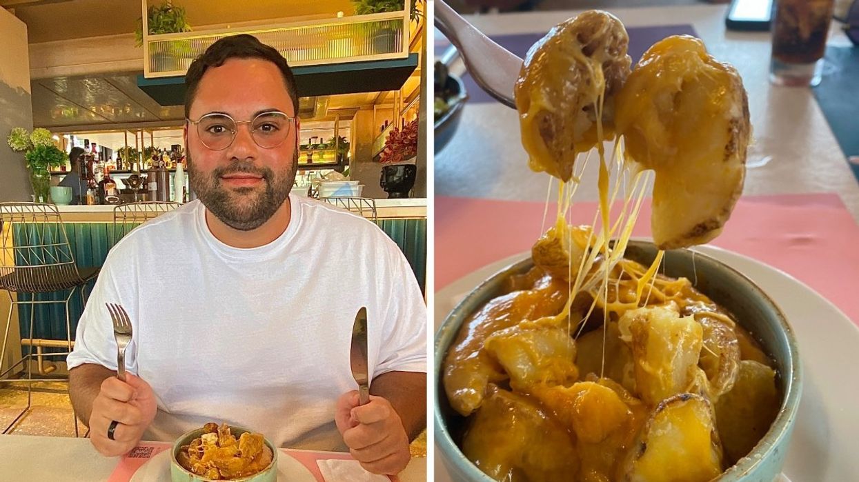 A person about to eat poutine in Lebanon. Right: A close-up photo of poutine in Lebanon.