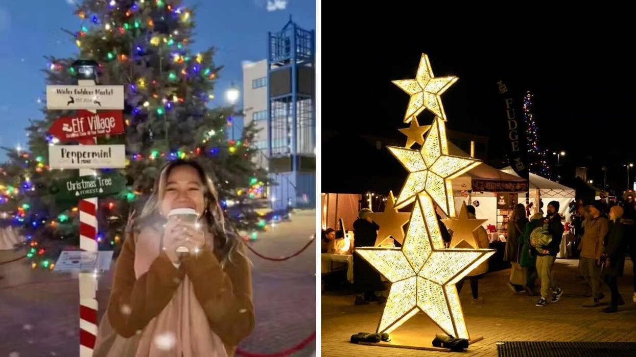 A person at a Christmas city near Quebec. Right: Christmas decorations in a city near Quebec.