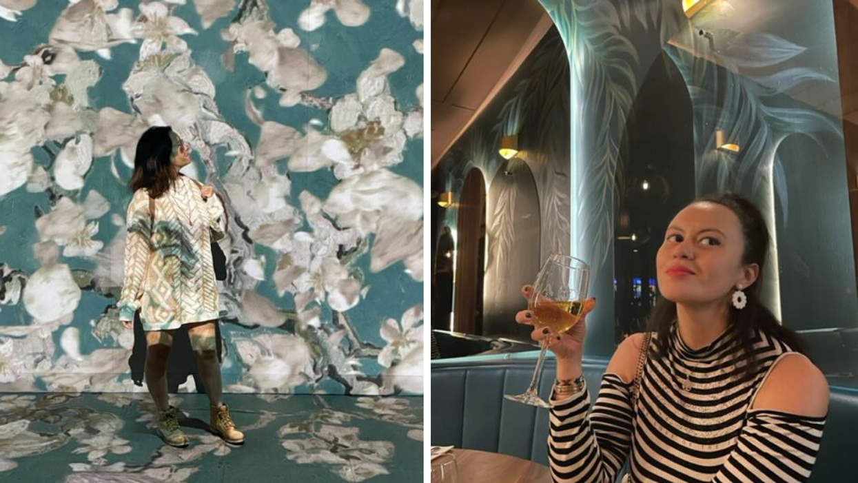 A person at Oasis Immersion (Van Gogh Distorsion). Right: a person having a glass of wine at India Rosa Griffintown.