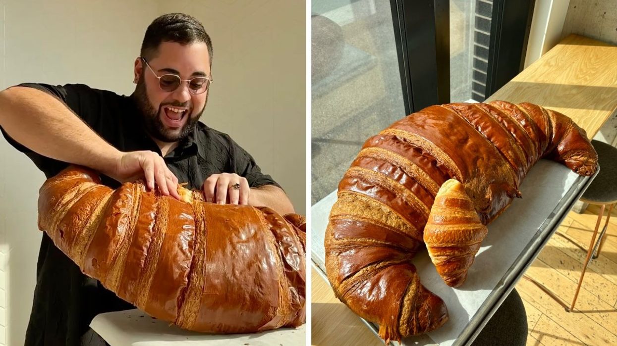 A person breaking a giant croissant in half. Right: A giant croissant and a regular-sized croissant from L'Amour du Pain in Montreal, Quebec.