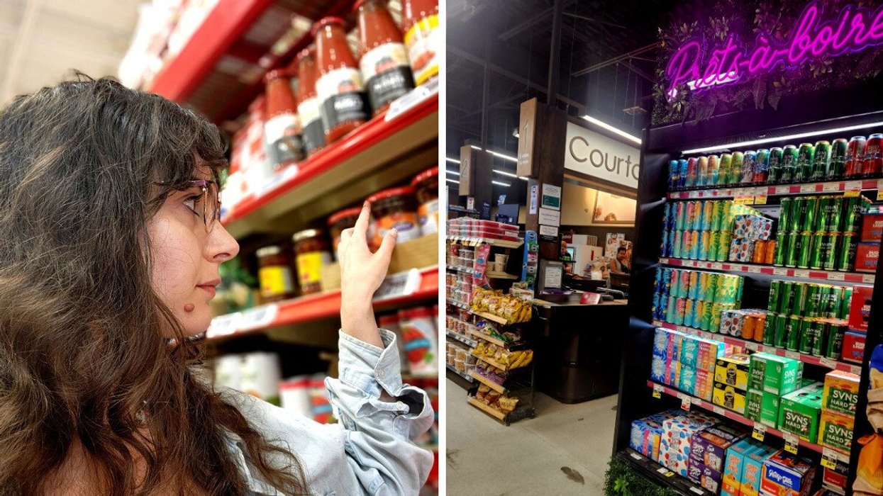 A person browsing grocery store aisles. Right: A Quebec grocery store shelf and check out area.