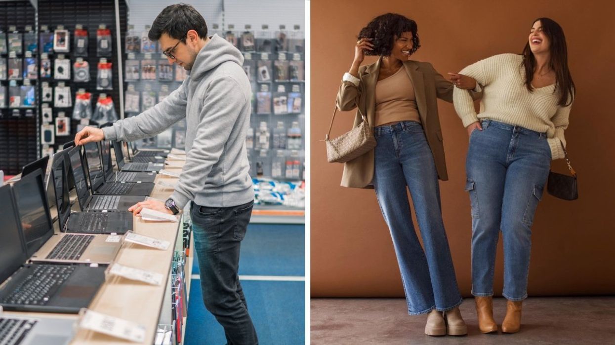 A person browsing laptops at BestBuy. Right: Two people with arms intertwined and laughing while wearing Yoga Jeans denim.