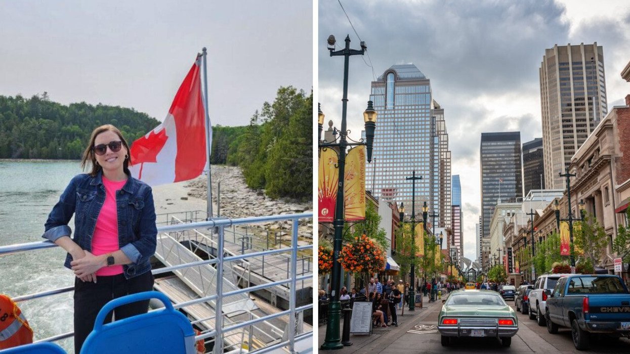 A person by a Canadian flag. Right: A Calgary street.