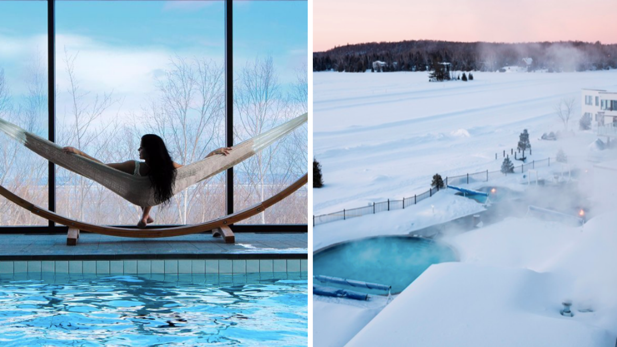A person chilling by the pool at Club Med Québec Charlevoix. Right: Estérel Resort in winter.