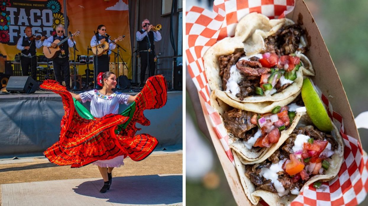 A person dancing to a Mariachi band while wearing traditional Mexican attire. Right: Three beef tacos in a takeout tray.
