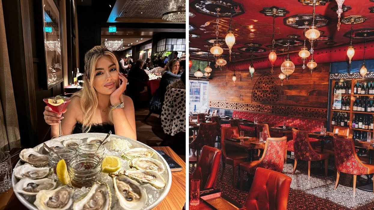 A person dines on oysters in a restaurant in Montreal. Right: Tables and chairs are seen in a Montreal restaurant.