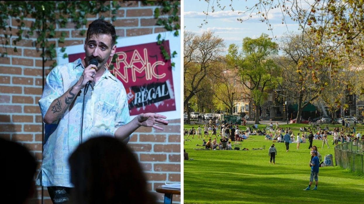 A person doing stand-up comedy show on stage. Right: People enjoying a sunny day in the park.