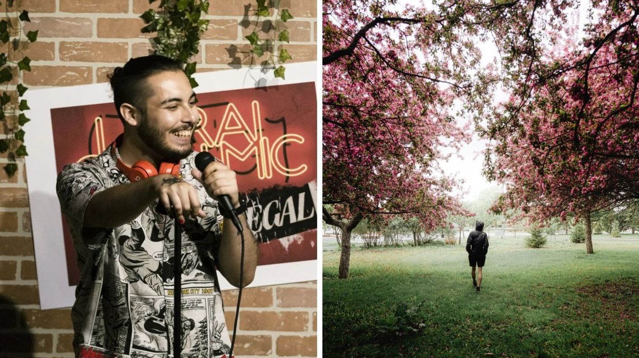 A person doing stand-up comedy wearing a comic-inspired t-shirt, red headphones while standing in front of a brick wall. Right: A person standing underneath cherry blossom trees. that are towering of them left and right.