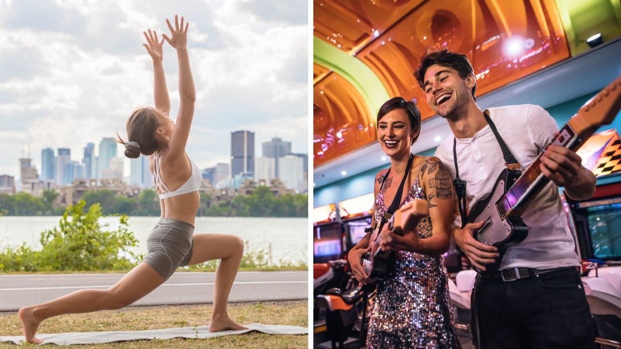 A person doing yoga at Parc Jean-Drapeau with the Montreal skyline in the background. Right: Two people playing Guitar Hero at an arcade.