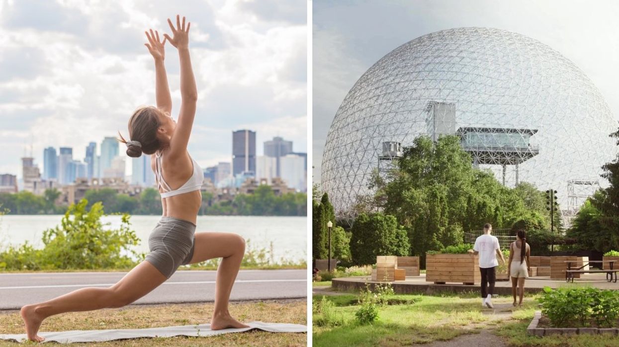 A person doing yoga at Parc Jean-Drapeau with the Montreal skyline in the background. Right: Two people walking toward the Montreal Biosphere during the summer surrounded by lush greenery.