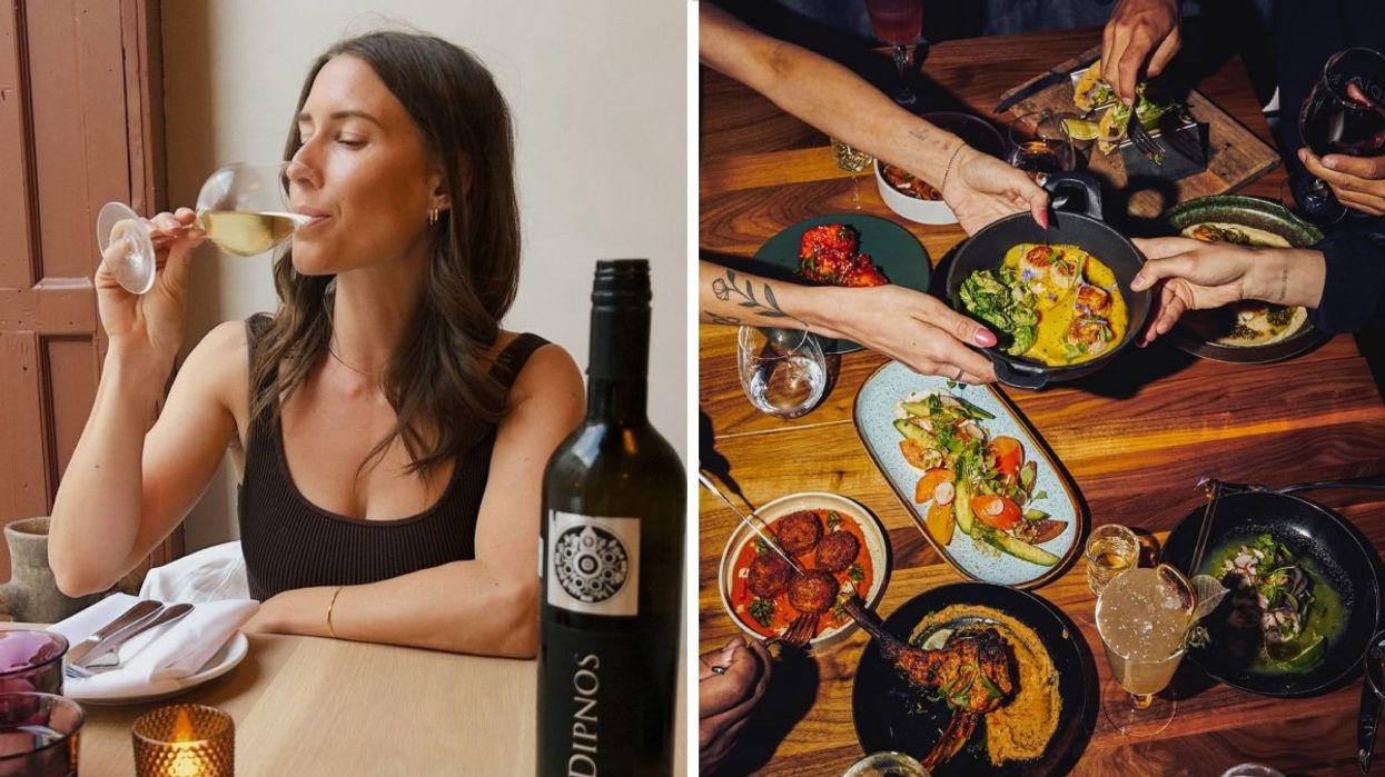 A person drinking a glass of white win. Right: A birds eye view of a table full of Indian-influenced dishes.
