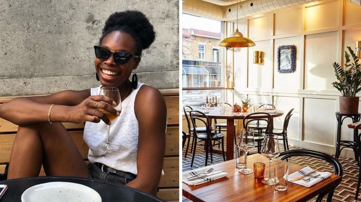 A person drinking a glass of wine on a Montreal terrasse. Right: The interior of Vin Mon Lapin in Montreal, Quebec.