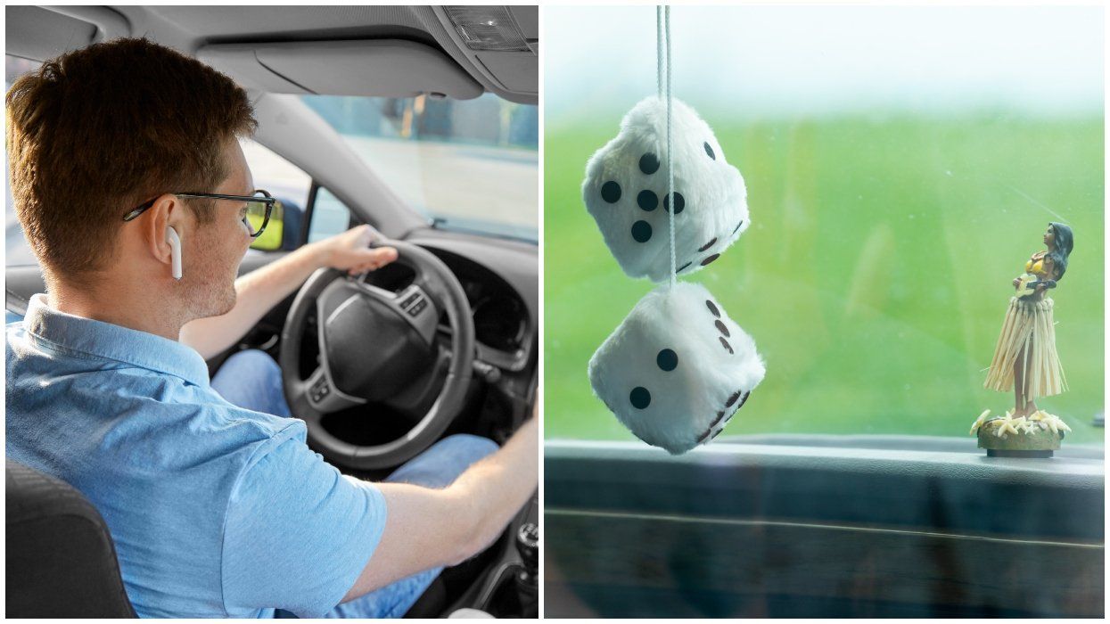 A person driving a car. RIght: Dice hanging from a car mirror.