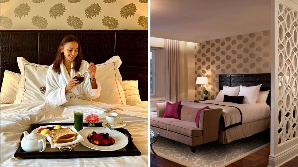 A person eating breakfast in bed at the Ritz-Carlton in Montreal. Right: An empty room inside of the Ritz-Carlton in Montreal.