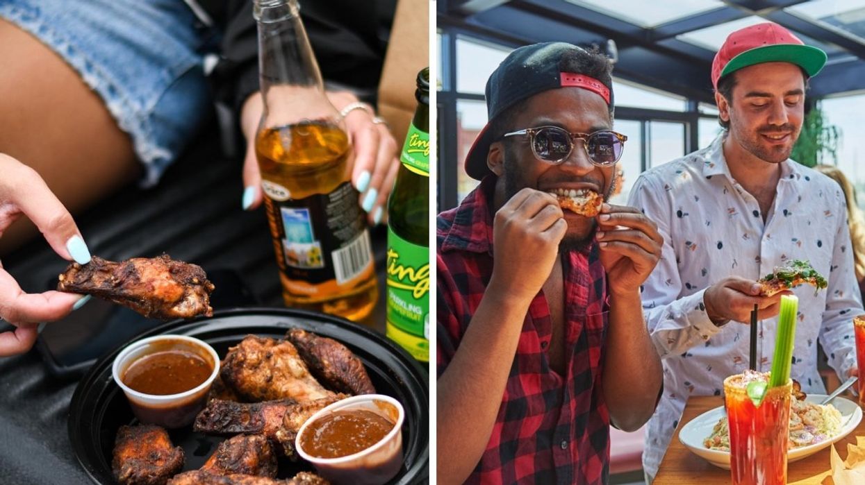 A person eating chicken wings from Seasoned Dreams in Montreal, Right: A person eating chicken wings from Boston Pizza in Canada.