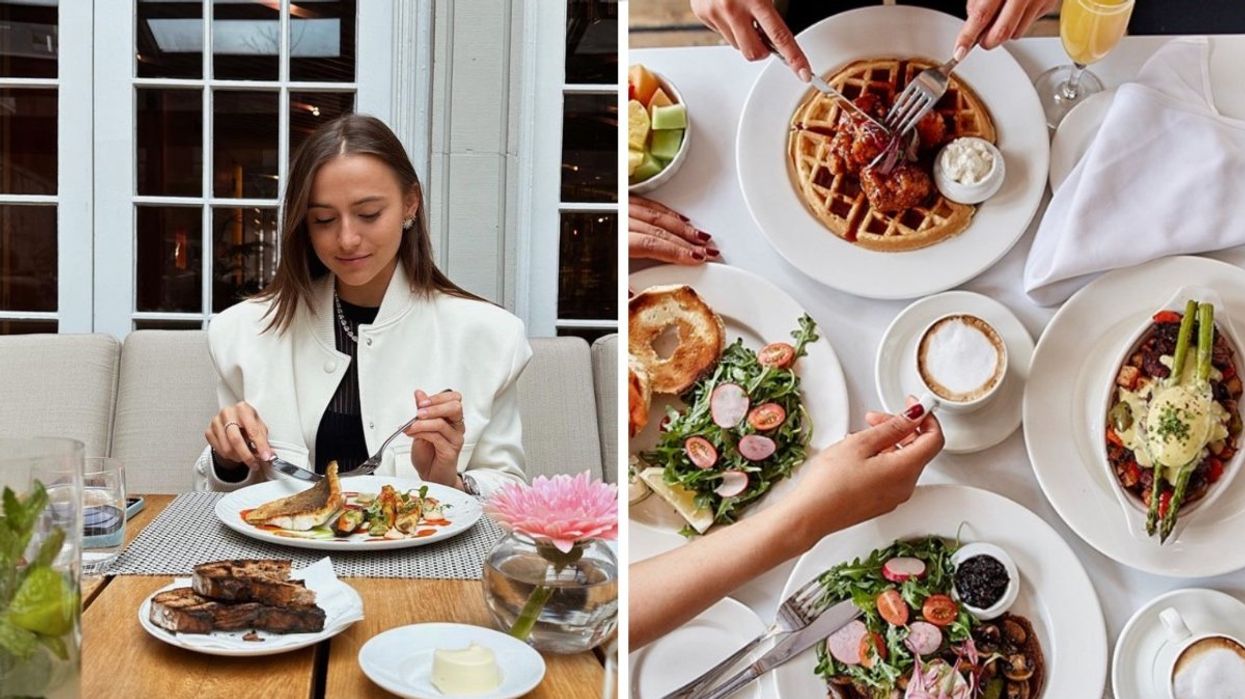 A person eating dinner at Maison Boulud in Montreal, Right: An aerial view of the brunch served at Vieux-Port Steakhouse in Montreal.