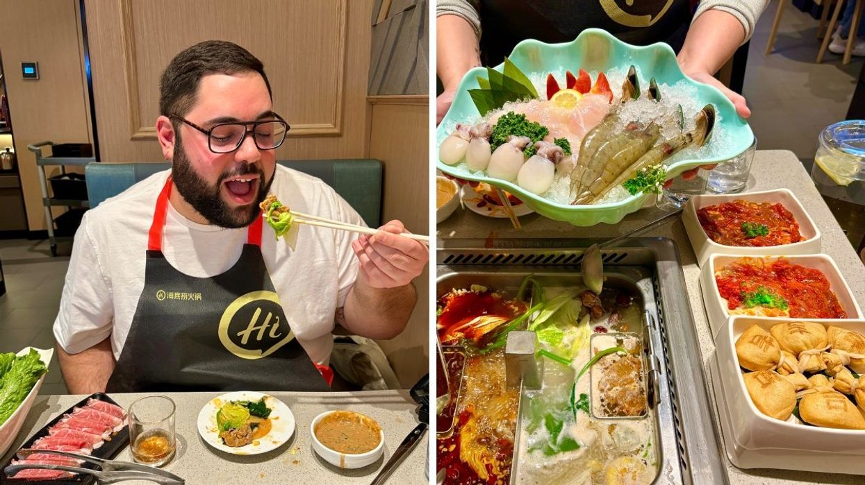 A person eating hot pot with chopsticks at Haidilao in Downtown Montreal. Right: A photo of hot pot broths, meats and seafood at Haidilao.