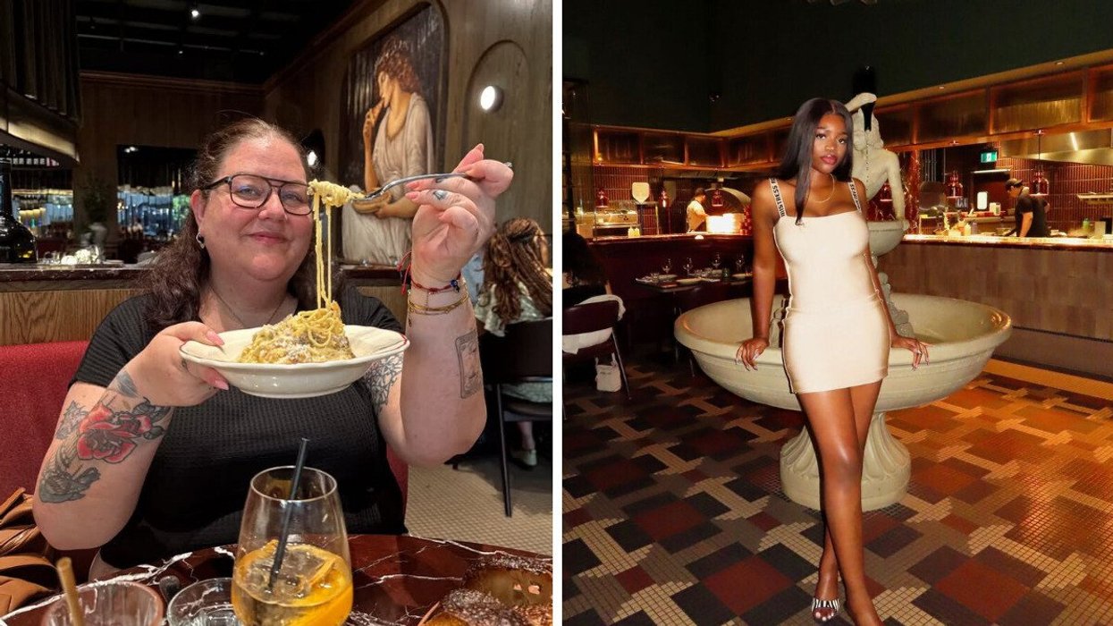 A person eating pasta at a restaurant. Right: A person standing by a fountain.