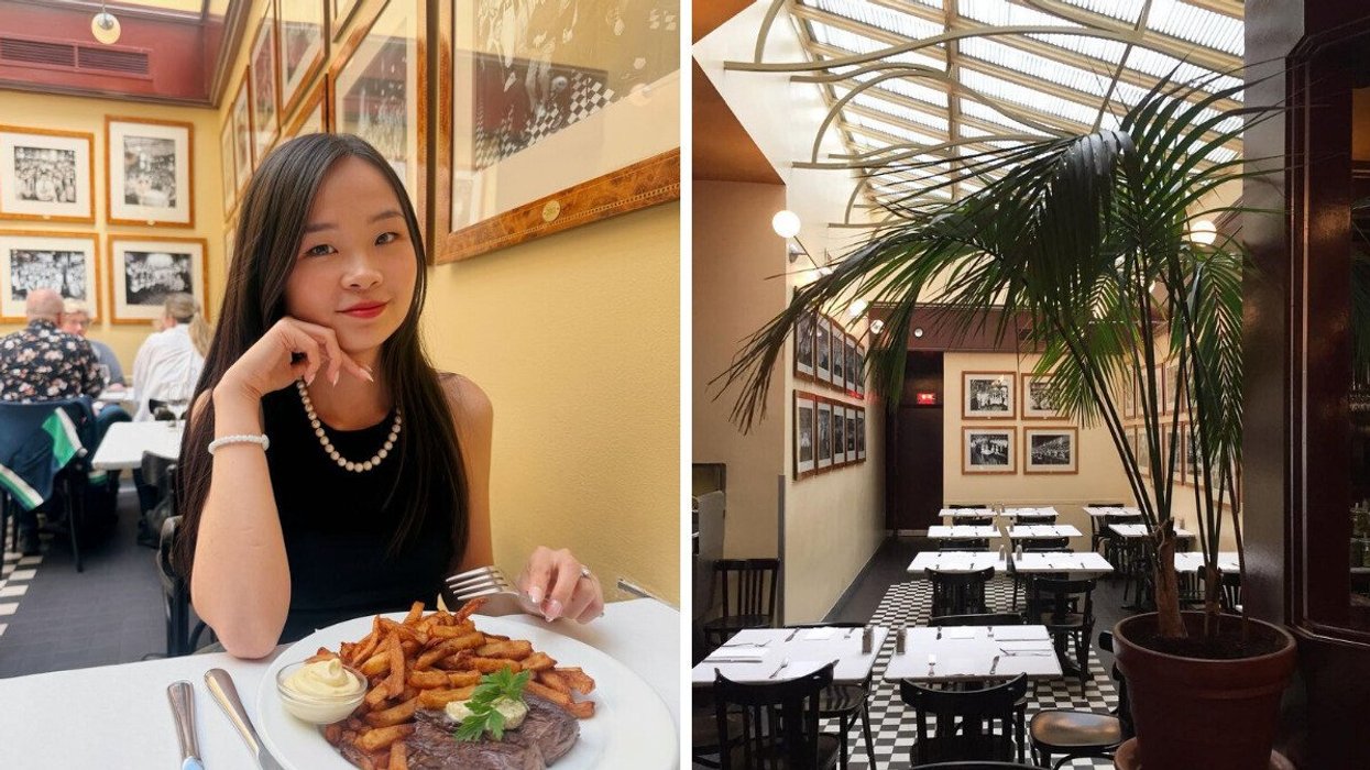 A person eats at a restaurant in Montreal. Right: The interior of a restaurant in Montreal.