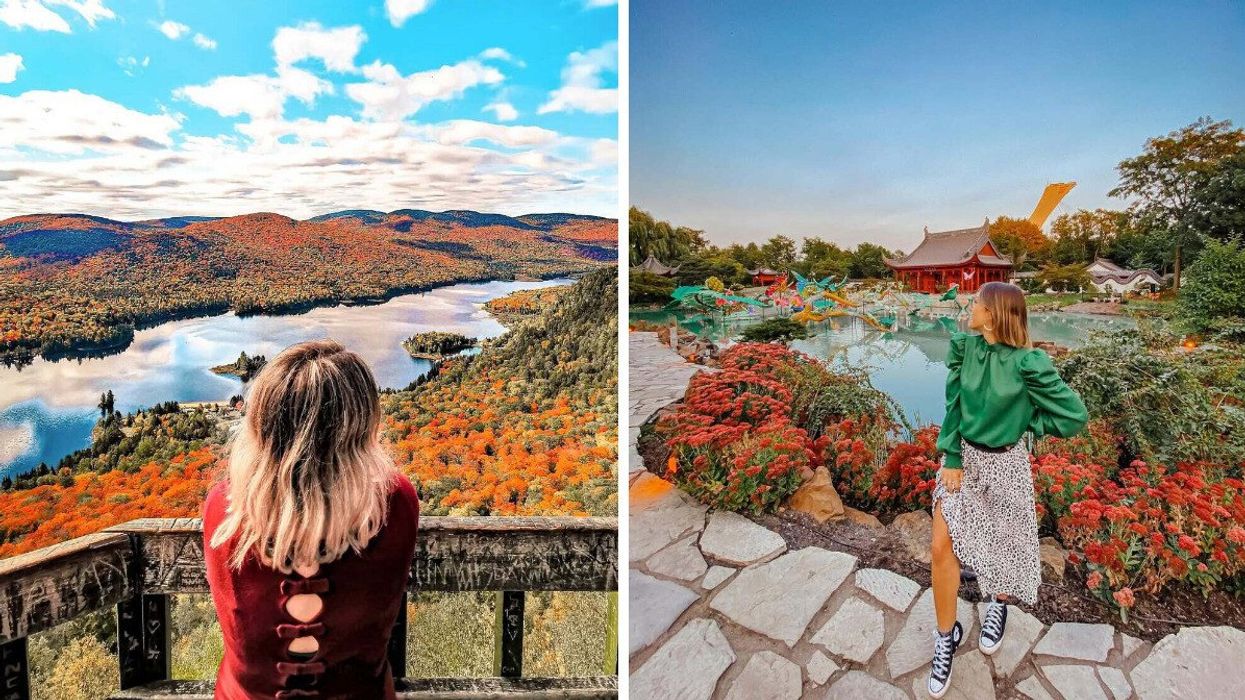 A person gazes at fall colours in a national park. Right: A person visits gardens near Montreal.