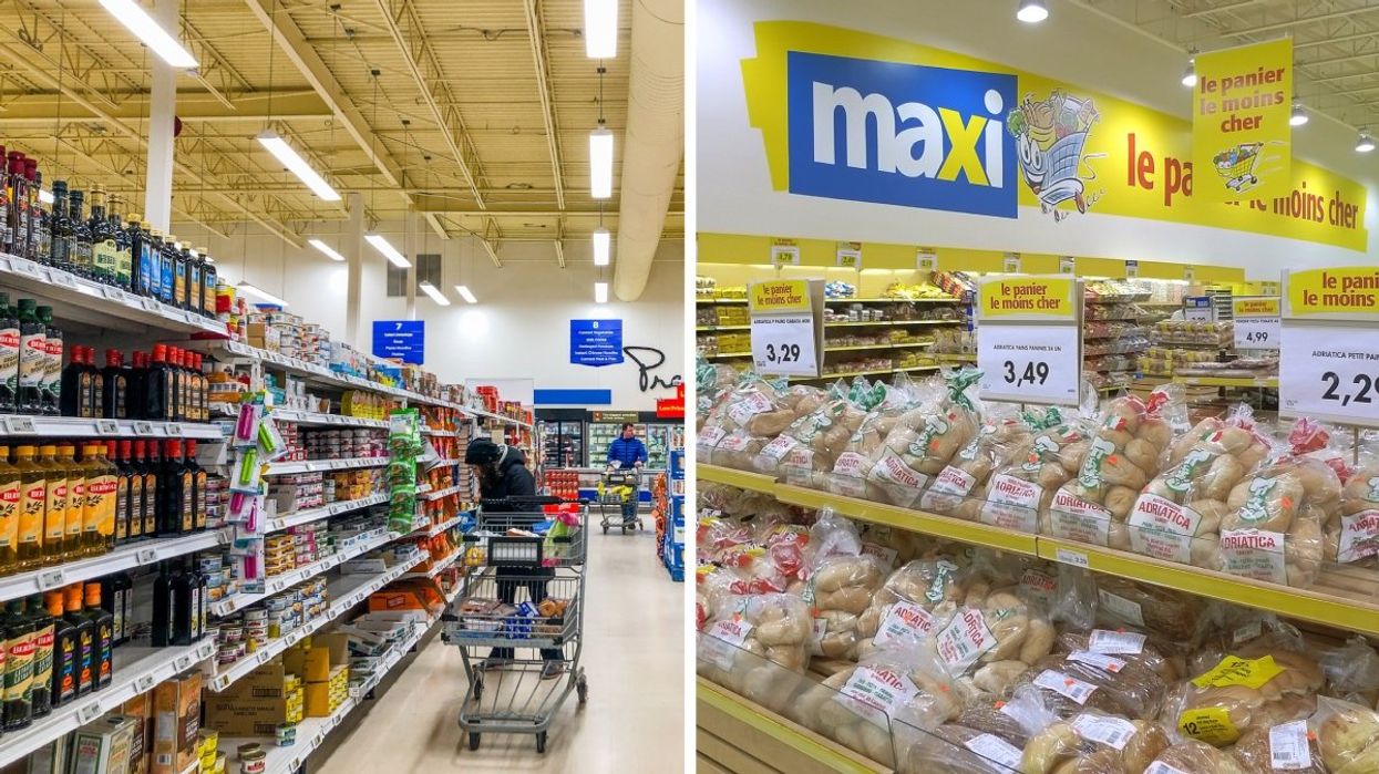 A person grocery shopping, Right: The inside of a Maxi bread and bakery section.