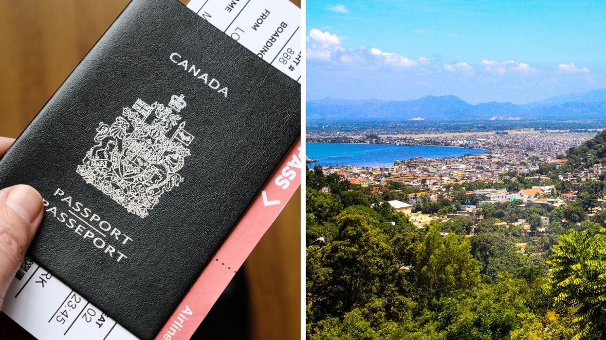 A person holding a Canadian passport with a boarding pass tucked inside. Right: A view of the ocean and mountains in the Caribbean.