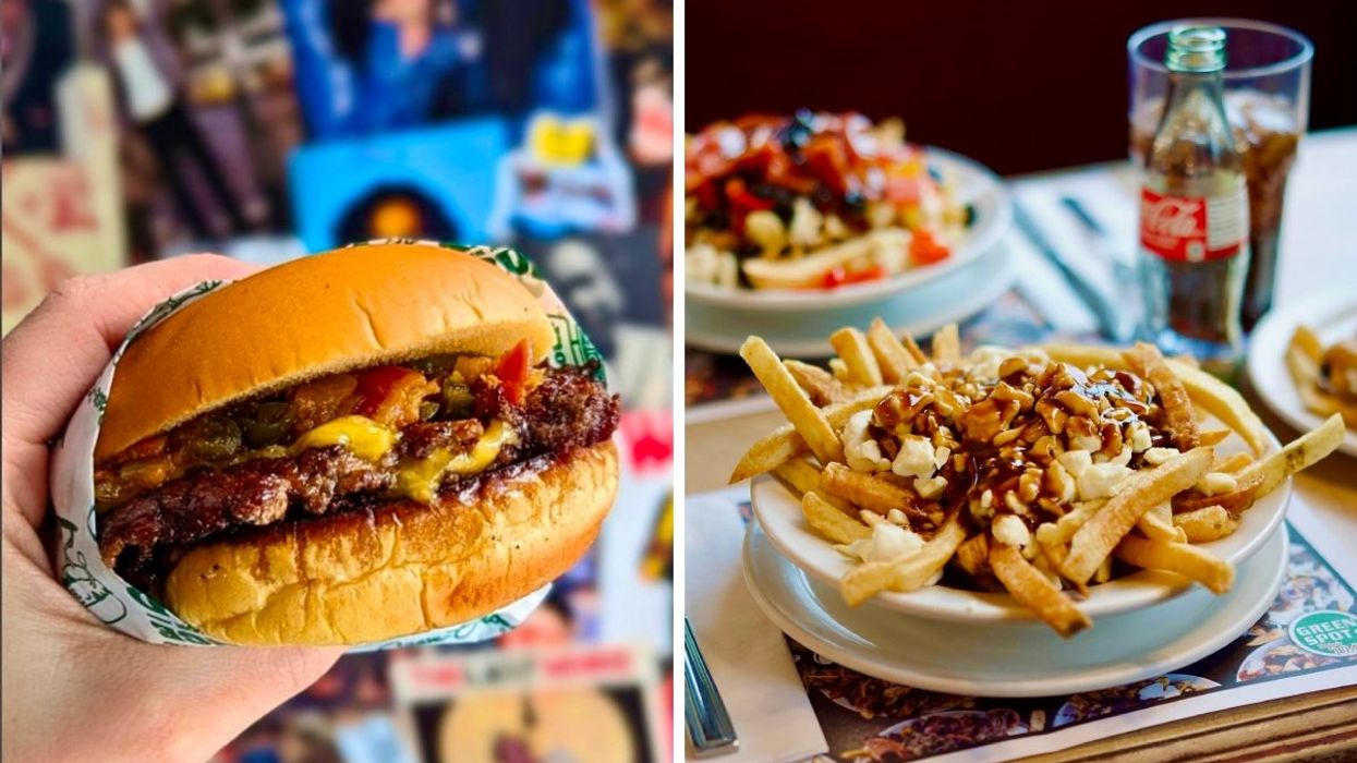 A person holding a smash burger with one hand from a Montreal restaurant. Right: A poutine from Greenspot Restaurant beside a glass of Coca-Cola.