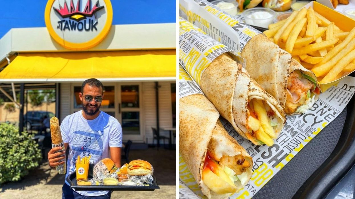 A person holding a tray of Lebanese food from Malak Al Tawouk in Beirut, Lebanon. Right: A tray of chicken shawarma sandwiches from Malak Al Tawouk.