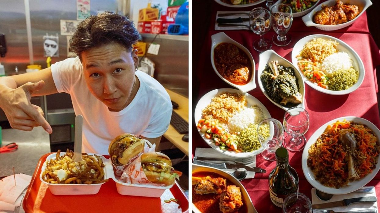 A person holding and pointing at a tray holding two cheeseburgers and a poutine. Right: An aerial view of a table full of Afghan food from a Montreal restaurant.