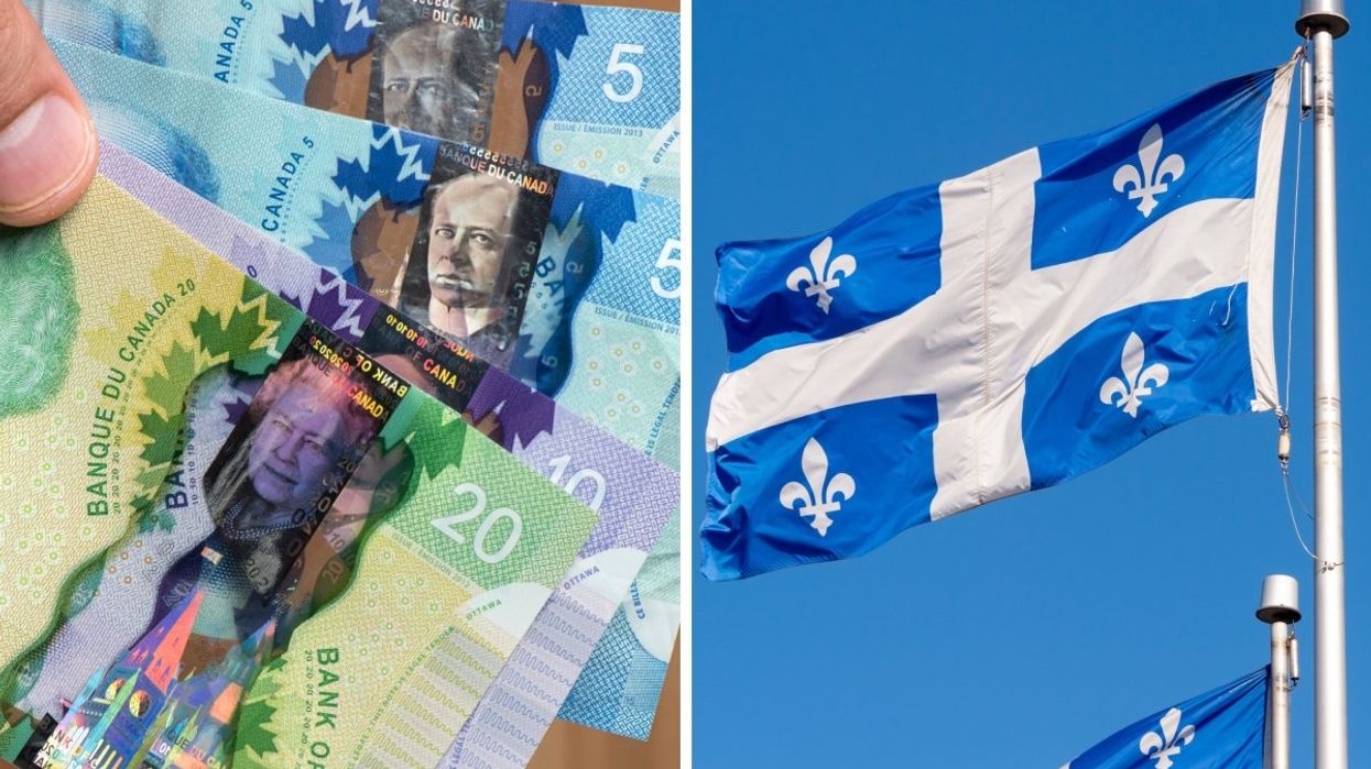 A person holding Canadian banknotes including a $20 bill, $10 bill and two $5 bills. Right: The Quebec flag flying.
