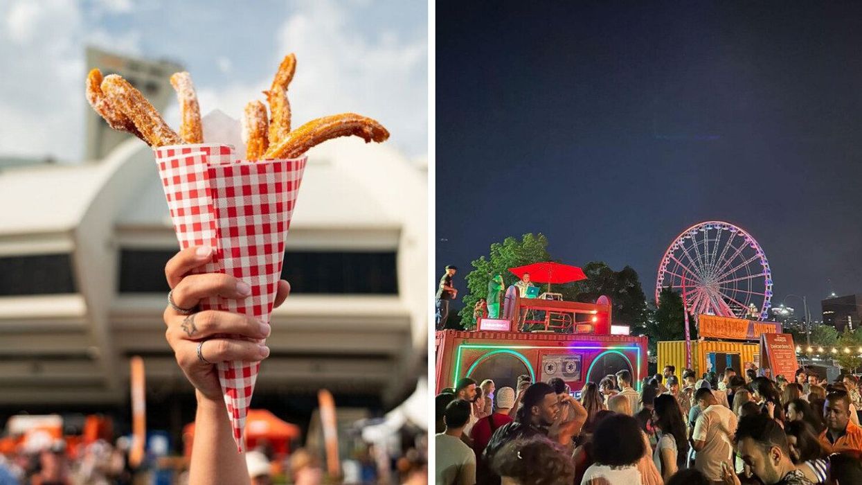 A person holding churros in front of Montreal's Olympic Stadium. Right: A crowd of people outside a food truck at night.