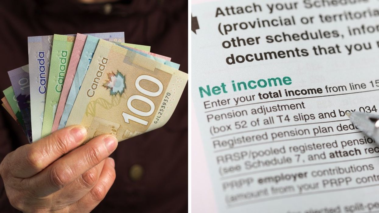 A person holding several Canadian banknotes. Right: A Canada Revenue Agency income tax form.
