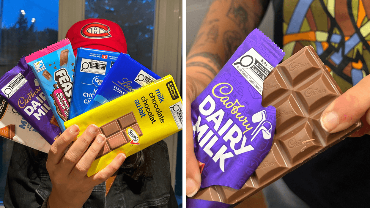 A person holding six packaged chocolate bars. Right: Hand holds a partially unwrapped chocolate bar.