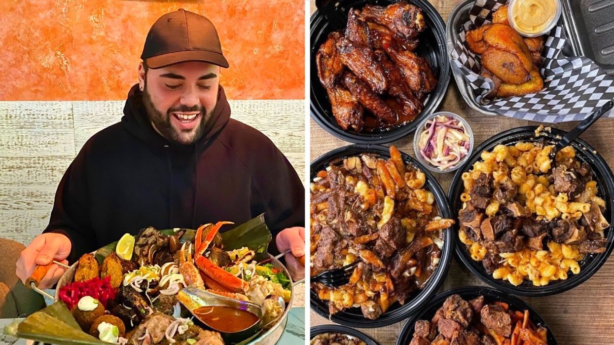 A person holding the Caribbean platter from Kwizinn in Montreal, Right: An aerial view of several Caribbean dishes from Seasoned Dreams in Montreal.