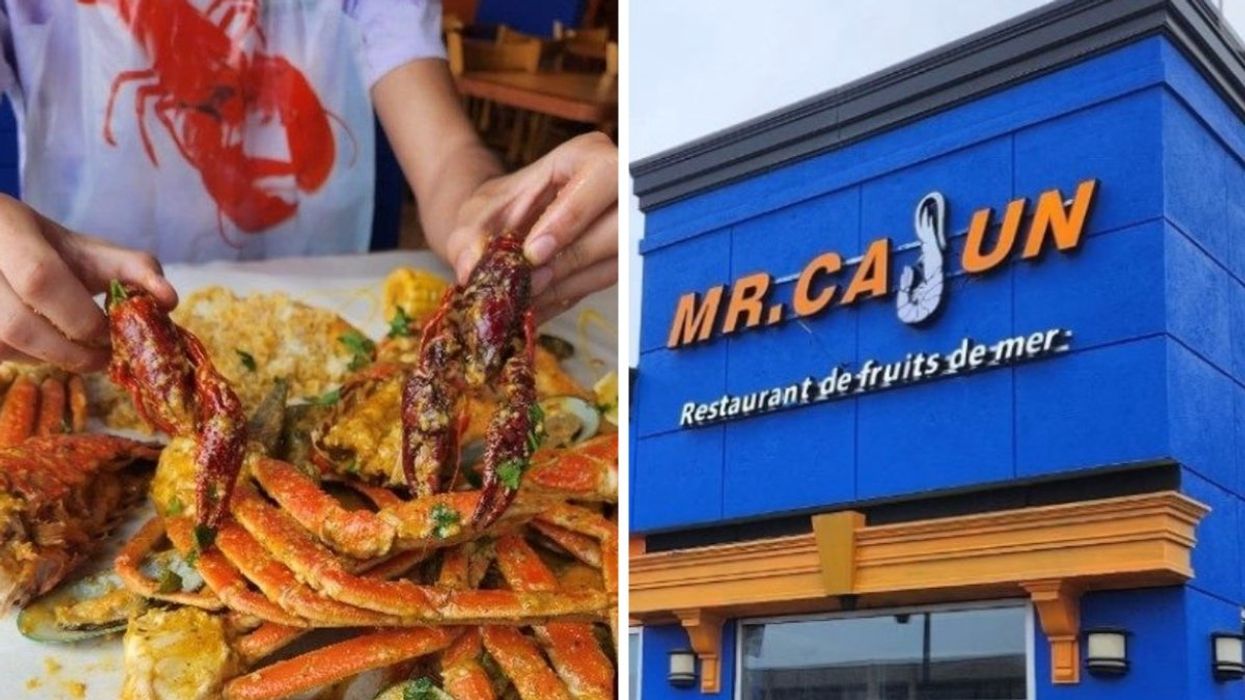 A person holding two lobster claws as they eat a seafood boil, Right: The blue exterior of Mr. Cajun in Montreal, Quebec.
