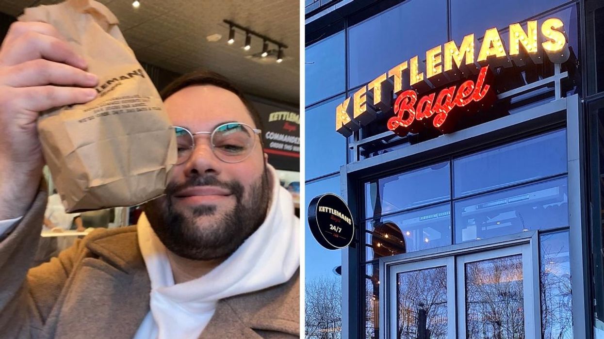 A person holding up a bag of Kettlemans bagels, Right: The exterior of Montreal's Kettlemans Bagel.
