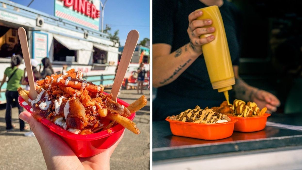 A person holding up a giant fried poutine. Right: A person poutine mustard on a poutine.