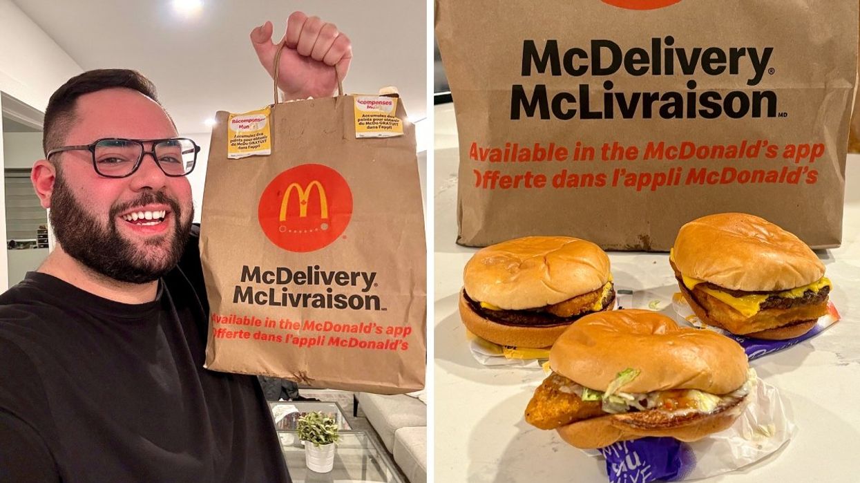 A person holding up a McDonald's delivery bag. Right: The new McDonald's remix burgers laid on atop a marble counter.